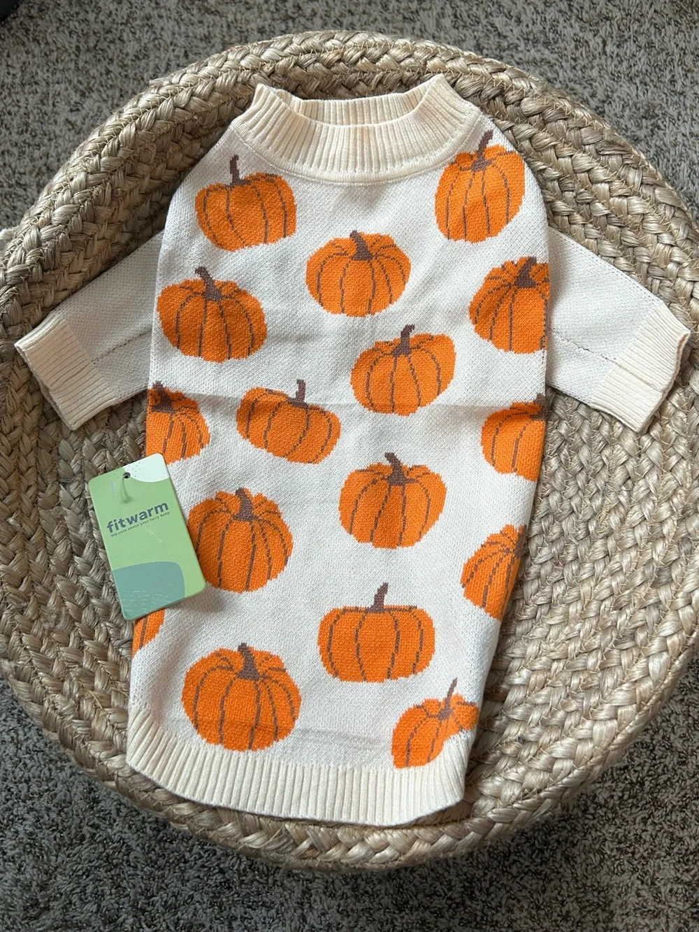 🎃PUMPKIN Dog Sweater - Antique Cream & Orange Knit Fall Pet Pullover